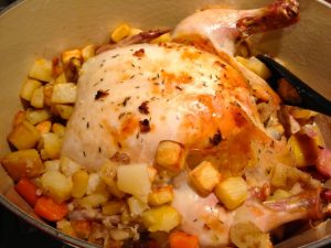 Roast Chicken with Potatoes and Rainbow Carrots